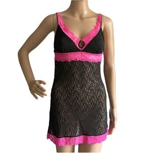 Black & Hot Pink Sheer Lace Stretchy Babydoll Teddy